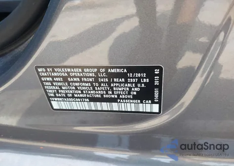 2013 Volkswagen Passat 2.0L Tdi Se из США, поврежденный, VIN 1VWBN7A33DC081735